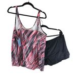 Yonique Tankini Set Gathered Hem Shelf Bra Removable Cups Shorts Pink Black 22W Photo 1