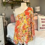 Audrey 3+1  One Shoulder Colorful Floral Orange Flowy Womens Small Roomy Blouse Photo 1