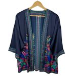 DR2 Womens Floral Kimono Sz S/M Multicolor Open Front Boho Colorful Lightweight Blue Photo 2