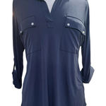 Jones New York Jones NY Utility Popover Roll Tab Navy Blue Tunic Top Med Quiet Luxury Academia Photo 0