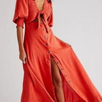 Free People Red Orange String of Hearts Button Down Puff Sleeve Maxi Dress Small Photo 0