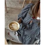 NEW~ Black Gingham Tie Front Top Babydoll Long Sleeve Peplum Babydoll Shirt L Size L Photo 2