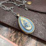 Vintage 70s Forget Me Not Pendant Necklace 18" Stainless Steel Chain Blue Photo 3