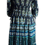 Cara Cara Jazzy Blue Green Print Puff Sleeve Smocked Cotton Midi Dress Sz S Photo 0