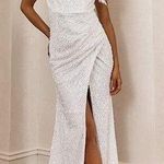 Selfie Leslie  FOR LOVERS FEATHER TRIM SEQUIN MAXI DRESS WHITE NWT Photo 0