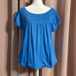 Daisy Fuentes Blue Babydoll Smocked Neck Off-Shoulder Top Large Photo 1