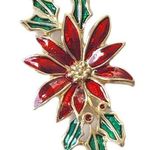 Vintage Costume Jewelry Brooch Red Green POINSETTIA Holiday Xmas Enamel Photo 0