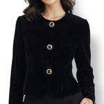 Vintage Black Velvet Cropped Collarless Jacket Gold Button Glam Size 8 Elegant Photo 0