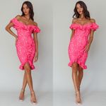 Angel Biba Rossi Hot Pink Off-Shoulder Ruffle Lace Midi Dress Photo 2