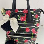 Betsey Johnson Black White Striped Pink Rose Print Small Satchel Handbag Purse Photo 3