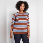 Modcloth Blue Brown Striped Ribbed Sweater | Plus Size 1X Retro Pullover Top Photo 2