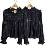 Farm Rio  Metallic Stripe Ruffle Shirt Blouse Women's Small Black Top Boho NWOT Photo 3