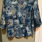 kim rogers Button Down Blouse Blue White Hawaiian Floral 3/4 Sleeve L Photo 6