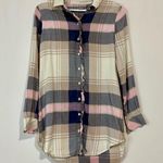 Aerie  Women’s Long Sleeve Ruffle Plaid Button Down Shirt Pink Tan Size Small EUC Photo 0