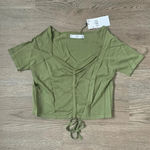 Mango  WOMEN Ruched Short‎ Sleeve Square Neck Cropped Tee - Size M - Green - NWT Photo 3