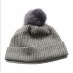 Portolano Cashmere & Faux Fur Pompom Beanie Hat, Gray, One Size, Luxurious, NWT Photo 8