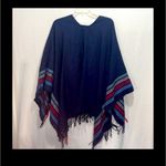Aerie One Size Cotton Poncho Shawl Blue Red White Stripe Fringe Guaze Clip Boho. Photo 11
