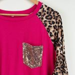 Hot Pink Leopard Print Sequin Pocket Raglan Top Women's 2XL Size XXL Photo 1