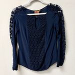 Tory Burch  Silk Floral Lace Trim Long Sleeve Round Neck Blouse Navy Women's 0 Photo 0