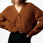 ZARA Pocket Knit Cardigan Size Small Brown Tan Chunky crop oversized Photo 0