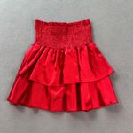 SheIn Mini Skirt Womens Small 4 Red Satin Smocked Waist Tiered Ruffle Hem Cute Photo 1