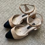 ZARA  Leather Slingback Block Heel Pump Strappy Beige Black Designer Size 6.5 Photo 1