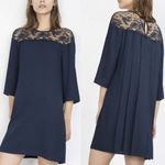 ZARA  Guipure Navy Blue Lace Combined Pleated Back Mini Dress Size XS Photo 1