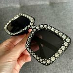 Sparkly, Fluted Rhinestone Rimmed Sunglasses, Black, Silver Black Photo 3