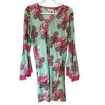 Velzera Mini Dress Tunic Green Pink Paisley Crochet Fringe Bell Sleeves SZ LG Photo 1