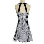 Parker Black White Geometric Textured Fitted Mini Dress Flounce Skirt Photo 2