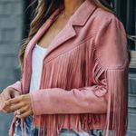 Womens Mauve Fringed Faux Suede Good Vibes Moto Jacket sz large Pink Photo 6