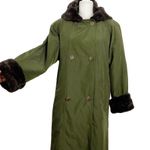 Larry Levine VTG Double Breasted Maxi Long Trench Coat Green Hooded faux Fur M Photo 12
