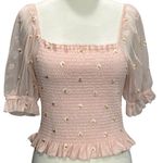 Altar'd State Crop Top Womens M Pink Embroidered Daisy Smocked Ruffle Coquette Photo 0