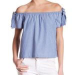 Lush Clothing 5/$20 Lush Green White Stripe Off the Shoulder Cotton Blouse Top Bows XS Photo 0