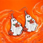 White Ghost Pumpkin‎ Pattern Dangle Earrings Retro Cute Style Wooden Jewelry Photo 3
