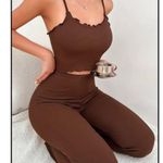 Solid Ribbed Pajama Set, Lettuce Trim Cami Top & Elastic Waistband Pants Brown Size M Photo 3