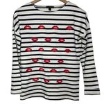 J.Crew Ivory Black Striped Long Sleeve embroidered Red Lips Design size XS Photo 0