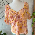 Nine West Twist Front Fluffy Sleeves Blouse Yellow Multi Size OX Photo 1
