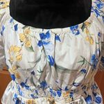 EXPRESS  Floral Square Neck Puff Sleeve‎ Peplum Top Blouse Blue Yellow Size Large Photo 7