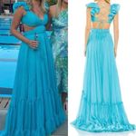 Mac Duggal Ruched Ruffled Shoulder Cut Out Lace Up Gown in Turquoise US 12 NWT Photo 4