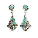 STERLING SILVER 925 LATCH BACK GENUINE EMERALD W/MULTI COLOR SAPPHIRE EARRINGS Green Photo 1