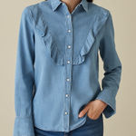 Chelsea and Violet Denim Blue Ruffle Button Down Long Sleeve Top Size L Cotton Photo 0
