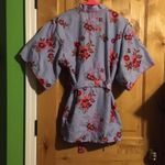 Josie Natori Blue Pinstripe Multi-Color Floral Embroidery Tie Waist 3/4 Kimono Slv Robe EUC XS Photo 2