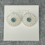 Talbots Carved Floral Rhinestone Round Stud Earrings Blue Teal & White NWT Photo 6