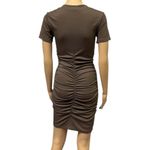 Beyove Ruched Brown Bodycon Ribbed V Neck Button Front Short Sleeve Mini Dress S Photo 5