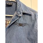 THREE RIVERS Womens Denim Shirt Long Sleeve Ice Hockey Embroidered Collared M Blue Size M Photo 3