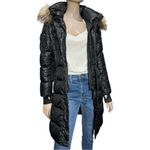 SAM. Women’s XS Black Infinity Fur Trim Hooded Belted 3/4 Length Puffer Jacket Photo 2
