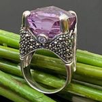 Amethyst Vintage Purple & Marcasite 925 Sterling Silver 16mm Cocktail Ring Sz 8 Photo 0