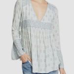 Free People  Rolling Hills Green & White Bell Sleeve V-Neck Blouse with Keyhole Photo 3