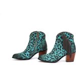 Western Cowgirl Ankle Boots Size 6 Turquoise Leopard Cattle Leather Fringe Blue Photo 4